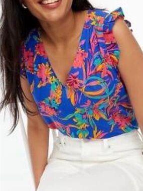 J. Crew Blue Tropical Floral V-Neck Flutter Sleeve Camisole Medium